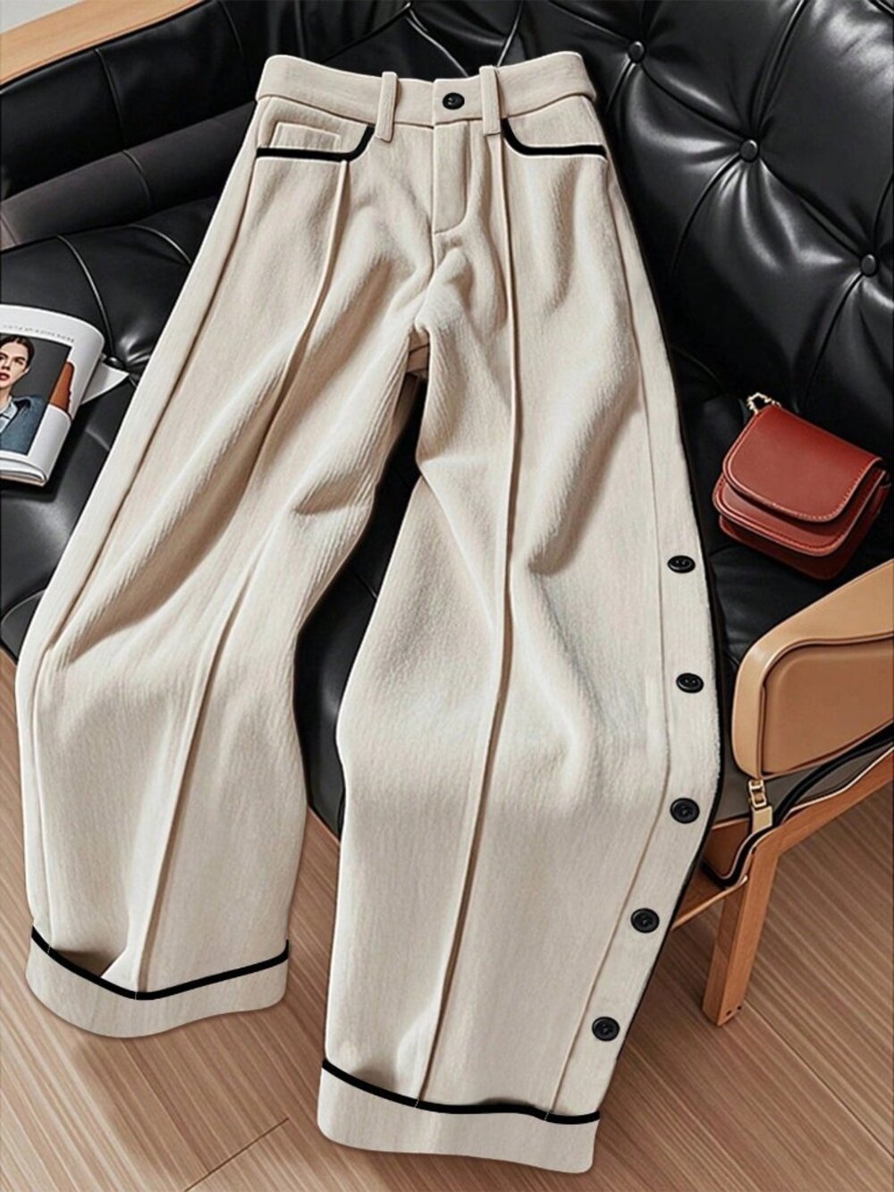 Beige Casual Women's Button Decor Pocket Wide Leg Loose Pants - Picture 1 of 6